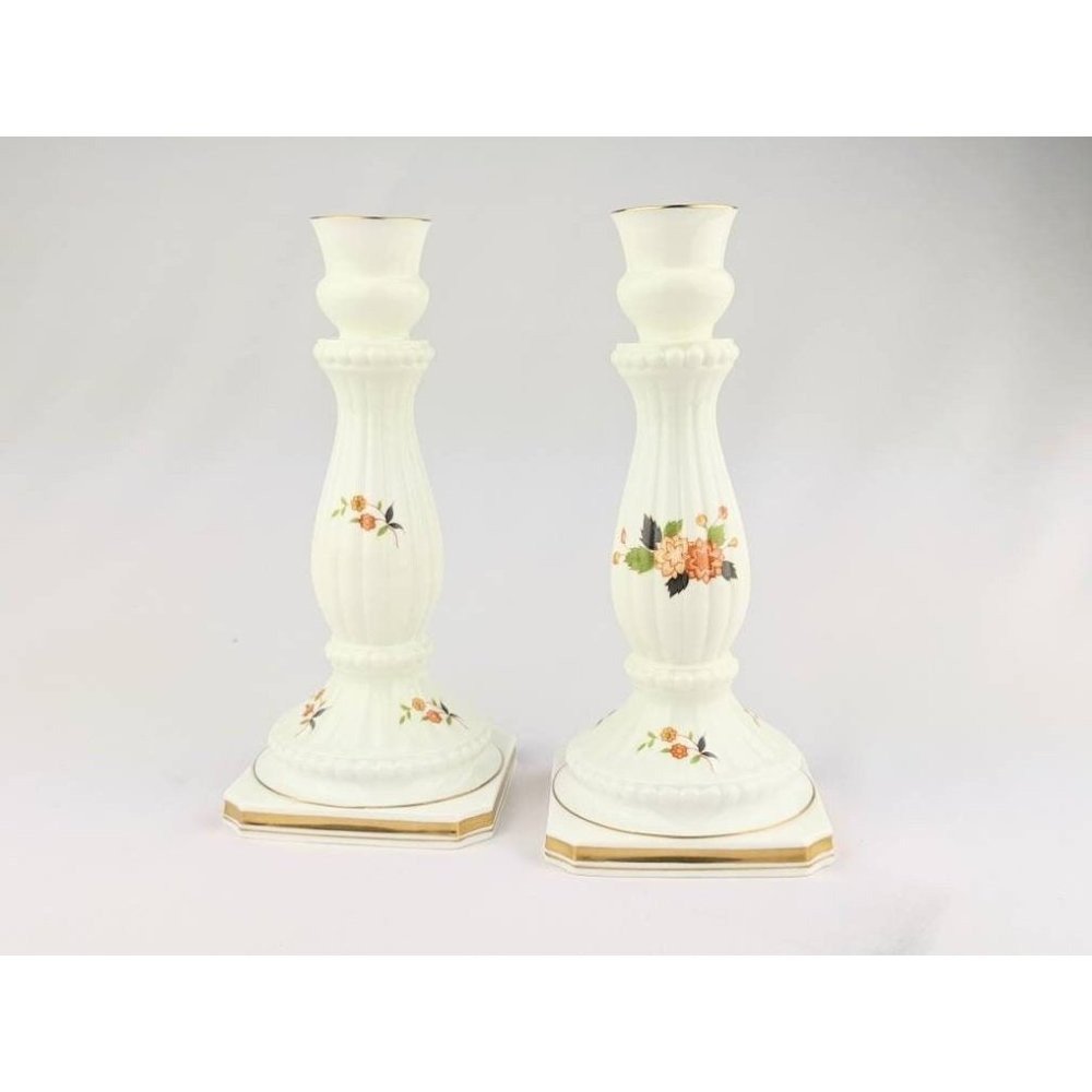 RARE Set of Two White Bone China Candlestick Holders with Gold Trim | Mikasa Cor